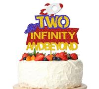 Two Infinity And Beyond Cake Topper, Outer Space Rocket Theme 2 Years Old Birthday Cake Picks for Boys Girls,Happy Cartoon Story 2nd Birthday Party Supplies, Blue&Gold&Red