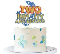 Two Infinity & Beyond Cake Topper - Boy Girl Kid 2nd Birthday Cake Supplies - Two Years Old - Outer Space Birthday Party Decoration - Blue Glitter
