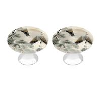 Two Japanese Cranes Flying Traditional Painting Cabinet Knobs Round Wardrobe Pulls Simple Drawer Handles with Screw Aluminum Alloy Closet Door Pull Modern Cabinet Hardware for Dresser Drawers 2 Pack