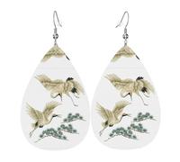 Two Japanese Cranes Flying Traditional Painting Leather Earring For Women Teardrop Dangle Printed Fashion Accessories Daily Wear Party