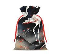 Two Japanese Cranes Flying Traditional Painting Print Drawstring Gift Reusable Bags Party Favors Holiday Birthday Eco-Friendly Pouches