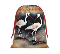 Two Japanese Cranes Flying Traditional Painting Print Present Bag, Reusable Organizer For Holiday Celebrations, Xmas Party Favors