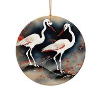 Two Japanese Cranes Flying Traditional Painting Print Round Flat Hanging Ornaments for Christmas Winter New Year Party Hanging Decorations