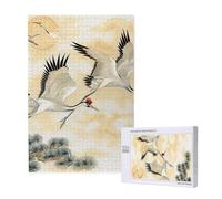 two Japanese cranes flying traditional painting Printed Jigsaw Puzzle with Storage Box, Wooden Puzzle for Adults and Kids, 1000 Pieces Family Fun Decorative Game