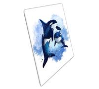 Two Killer Whales In The Ocean Watercolour Aquatic Life Painting Wall Art Print On Canvas Picture For Home Office Decor 30x20cm (12x8In)