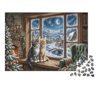 Two Kittens 1000 Piece Birthday Gift Jigsaw Puzzle Winter Christmas Town Concentration Training Mental Relaxation Framed Puzzle Art 38x26cm/1000pcs