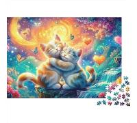 Two Kittens Cuddle Amid Colorful Flowers, Butterflies And A Glowing Moon 1000 Piece Jigsaw Puzzle Cute Cat Perfect Birthday Present for Kids & Adults 38x26cm/1000pcs