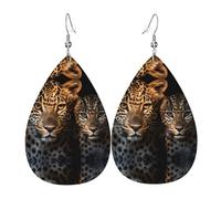 Two leopards snuggling together double-sided printed leather earrings int and shape of water drops, creative, light and novel, bright and vivid colors.