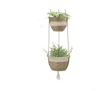 Two-Level Hanging Woven Basket for Indoor Plants Built with Natural Plant Fiber for Structural integrity and Organic Visual Tone (Beige)