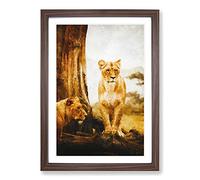 Two Lioness Painting Framed Print | A2 Walnut Framed Wall Art | Ready to Hang | Modern Historical Picture | Living Room Bedroom Lounge Office