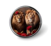 Two Lions And Red Roes Round Lapel Pin Button Brooch Tie Badge Elegant Hat Clothing Jewelry Accessories