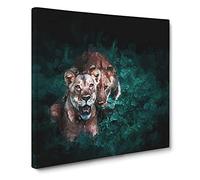 Two Lions in the Shadows Canvas Print | Gallery Wrapped 30mm Frame Wall Art | 14x14 inches | Ready to Hang | Modern Animal Picture | Living Room Bedroom Lounge Office