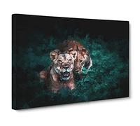 Two Lions In The Shadows Canvas Print | Gallery Wrapped 30mm Frame Wall Art | 20x14 inches | Ready to Hang | Modern Animal Picture | Living Room Bedroom Lounge Office