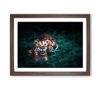 Two Lions In The Shadows Modern Art Framed Print | A3 Walnut Framed Wall Art | Ready to Hang | Modern Animal Picture | Living Room Bedroom Lounge Office