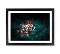 Two Lions In The Shadows Modern Art Framed Wall Art Print, Ready to Hang Picture for Living Room Bedroom Home Office Décor, Black A4 (34 x 25 cm)