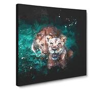 Two Lions in the Shadows Paint Splash Canvas Print | Gallery Wrapped 30mm Frame Wall Art | 14x14 inches | Ready to Hang | Modern Animal Picture | Living Room Bedroom Lounge Office