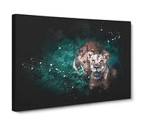 Two Lions In The Shadows Paint Splash Canvas Print | Gallery Wrapped 30mm Frame Wall Art | 20x14 inches | Ready to Hang | Modern Animal Picture | Living Room Bedroom Lounge Office