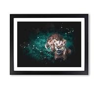 Two Lions In The Shadows Paint Splash Modern Art Framed Print | A2 Black Framed Wall Art | Ready to Hang | Modern Animal Picture | Living Room Bedroom Lounge Office