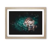 Two Lions In The Shadows Paint Splash Modern Art Framed Print | A4 Oak Framed Wall Art | Ready to Hang | Modern Animal Picture | Living Room Bedroom Lounge Office