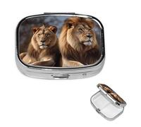 Two Lions Pill Case with Mirror Retro 2 Compartment Pill Box Small Pill Organizer for Purse or Pocket Decorative Metal Medicine Vitamin Organizer Unique Gifts