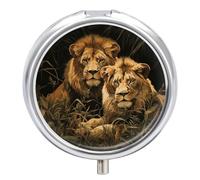 Two Lions Travel Pill Box Case 3 Compartment Cute Pill Organizer Metal Pill Holder with Mirror Small Medicine Organizer Daily Pill Container for Purse Pocket Portable Meds Box