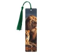 Two Lions Wooden Bookmarks 5 Pcs,Handmade Double-Sided Printed Book Marks Page Markers with Dark Green Tassels Book Accessories Gift for Book Lovers Women Men