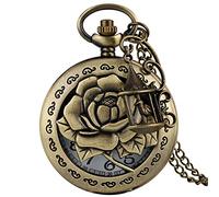 Two Little Birds Retro Style Quartz Pocket Watch Chain Steampunk Necklace Pendant Fob Watch Animal Clock with Birdcage Accessory,Rose Flower