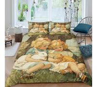 Two Little Blonde Girls Sitting Under A Tree 3D Duvet Cover White Rabbit Orange Kitten Printed Bedding Set for Kids Teens Adults Microfibre Quilt Cover Bed Decor 3Pcs Double（200x200cm）