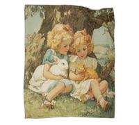 Two Little Blonde Girls Sitting Under A Tree Bedding Boys And Girls Blanket White Rabbit Orange Kitten Printed Fluffy Soft Comfortable Suitable for Sofa Bed 60x80inch(150x200cm)