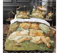Two Little Blonde Girls Sitting Under A Tree Printed Bedding Set Microfibre 3d Duvet Cover Set White Rabbit Orange Kitten Theme Comforter Cover 3 Pieces for Kids Teens Adults Super King（260x220cm）