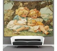 Two Little Blonde Girls Sitting Under A Tree Tapestry White Rabbit Orange Kitten Tapestries 3D Wall Hanging Home Decorations for Room 180cmx230cm