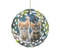 Two Little Cats Ceramic Christmas Ornaments 3 Inch Round Double-Sided Xmas Tree Decorations Pendant with Gold Ribbon for Home Holiday Decor, Gift for Family & Friends
