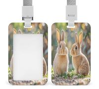 Two Little Cute Rabbits Badge Holder with Breakaway Lanyard Plastic Vertical Name Badge ID Card Holders Waterproof ID Card Name Tag Badge Holder for Office Doctor Teacer Travel