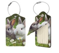 Two Little Cute Rabbits Luggage Tags for Suitcases, 1 PU Leather Suitcase Tags Identifiers with Stainless Steel Loop, Privacy Cover ID Label with Address Card, Travel Essentials Bag Tag