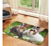 Two Little Cute Rabbits Pet Feeding Mat Absorbent Pu Leather Dog Cat Food Mats Contain Spills Protects Floors, Anti-Slip Rubber Backing Dog Bowl Mats Easy Clean Pet Placemats 30x45cm