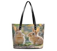 Two Little Cute Rabbits Tote Bag Large Soft Leather Purse with Zipper Lightweight Ladies Shoulder Handbag