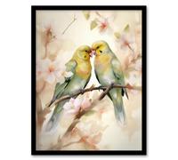 Two Lovebirds Cherry Blossom Watercolour Pair Perched Artwork Framed Wall Art Print A4 Artery8 Black A4
