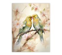 Two Lovebirds Cherry Blossom Watercolour Pair Perched Extra Large XL Wall Art Poster Print Artery8 Multi W24 inch x H32 inch