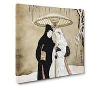 Two Lovers Beneath an Umbrella by Harunobu Suzuki Canvas Print | Gallery Wrapped 30mm Frame Wall Art | 14x14 inches | Ready to Hang | Modern Picture | Living Room Bedroom Lounge Office