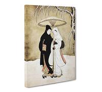 Two Lovers Beneath An Umbrella By Harunobu Suzuki Canvas Print | Gallery Wrapped 30mm Frame Wall Art | 24x16 inches | Ready to Hang | Asian Picture | Living Room Bedroom Lounge Office
