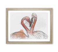 Two Loving Flamingos In Abstract Modern Art Framed Print | A2 Oak Framed Wall Art | Ready to Hang | Abstract Animal Picture | Living Room Bedroom Lounge Office