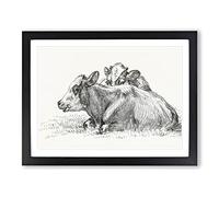Two Lying Cows By Jean Bernard Vintage Framed Print | A4 Black Framed Wall Art | Ready to Hang | Classic Animal Picture | Living Room Bedroom Lounge Office
