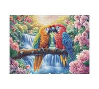 Two Macaws before Waterfall with Flowers 500 Piece Jigsaw Puzzle for Adults Jigsaw Puzzle Lover Must Have Family Activity Colourful Design Ideal Birthday Present 500 PCS