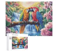 Two Macaws before Waterfall with Flowers 500 Piece Jigsaw Puzzle for Family Indoor Table Activity Problem Solving Gift for Quality Time 500 PCS