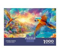 Two Macaws Flying over A Coastal Town 1000Pc Jigsaw Puzzle Colorful Parrot Perfect for Family Puzzle Nights, Adults & Kids 70x50cm/1000pcs