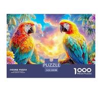 Two Macaws on Branch, Sunset Sky And Flowers 1000 Piece Jigsaw Puzzle Parrot Recycled Cardboard, Great Gift for All Ages 52x38cm/1000pcs