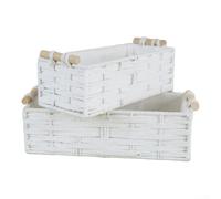 Two Macrame Storage Baskets Handwoven from Premium Cotton with Solid Wooden Handles for Practical Home Use (White)