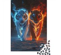 Two Magic Element Tigers 1000 Piece Jigsaw Puzzle Paper Puzzle for Adults Fantasy Fire Ice Scene 1000 Pieces Puzzle Game Family Focus Relax Gift 52x38cm/1000pcs