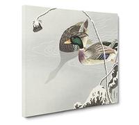 Two Mallard Ducks by Ohara Koson Canvas Print | Gallery Wrapped 30mm Frame Wall Art | 14x14 inches | Ready to Hang | Modern Bird Picture | Living Room Bedroom Lounge Office