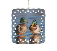 Two Mallard Ducks Ceramic Christmas Ornaments Rustic Square Xmas Tree Pendant Decor with Hanging String Personalized Double-Sided Holiday Party Ornament for Xmas Gifts